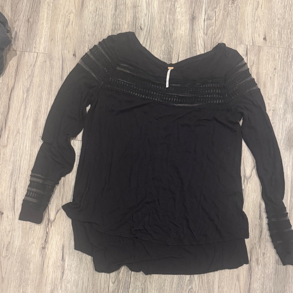 Free People Black Long Sleeve Top with Sheer Accents